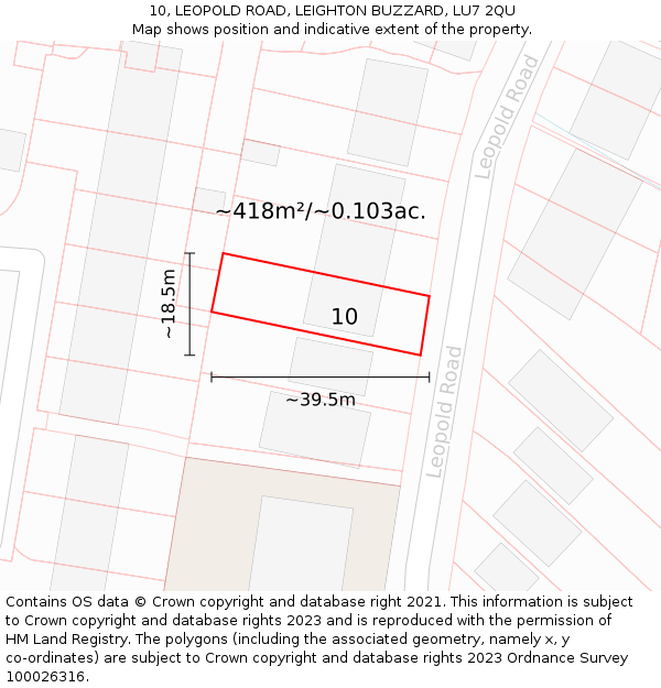 10, LEOPOLD ROAD, LEIGHTON BUZZARD, LU7 2QU: Plot and title map