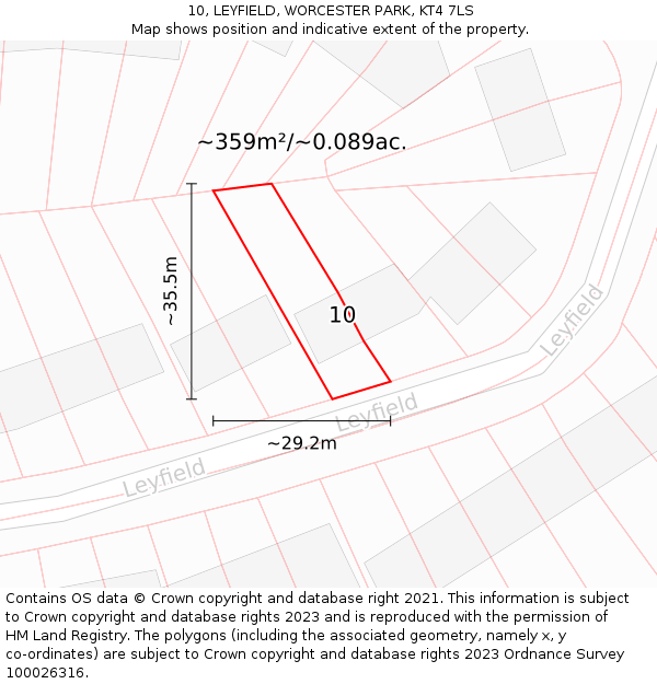 10, LEYFIELD, WORCESTER PARK, KT4 7LS: Plot and title map