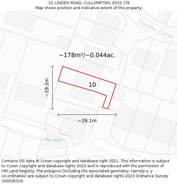 10, LINDEN ROAD, CULLOMPTON, EX15 1TE: Plot and title map