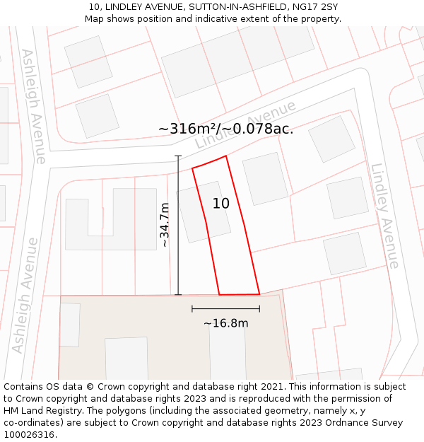 10, LINDLEY AVENUE, SUTTON-IN-ASHFIELD, NG17 2SY: Plot and title map