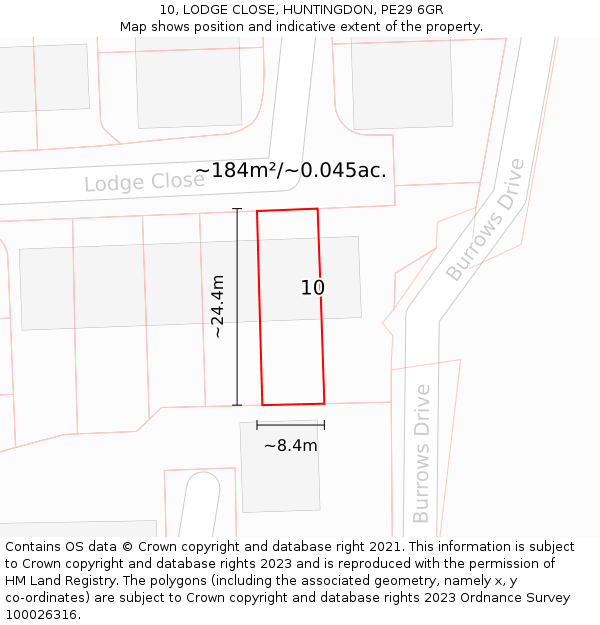 10, LODGE CLOSE, HUNTINGDON, PE29 6GR: Plot and title map
