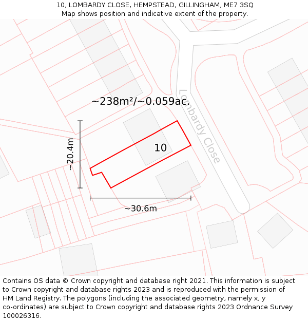 10, LOMBARDY CLOSE, HEMPSTEAD, GILLINGHAM, ME7 3SQ: Plot and title map