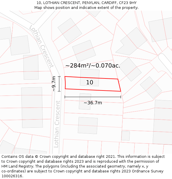 10, LOTHIAN CRESCENT, PENYLAN, CARDIFF, CF23 9HY: Plot and title map
