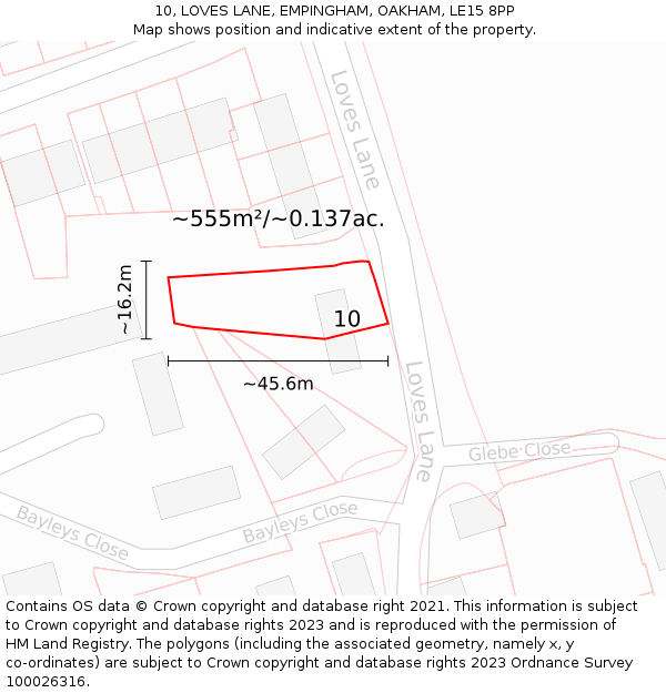10, LOVES LANE, EMPINGHAM, OAKHAM, LE15 8PP: Plot and title map
