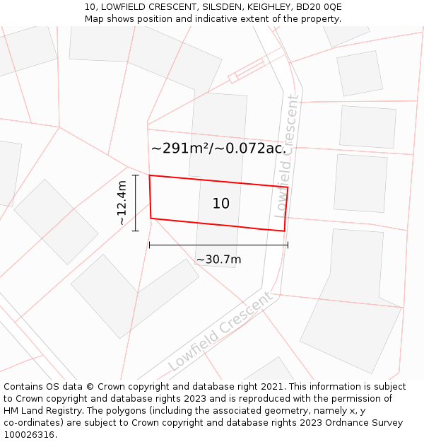 10, LOWFIELD CRESCENT, SILSDEN, KEIGHLEY, BD20 0QE: Plot and title map