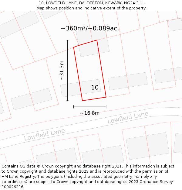 10, LOWFIELD LANE, BALDERTON, NEWARK, NG24 3HL: Plot and title map