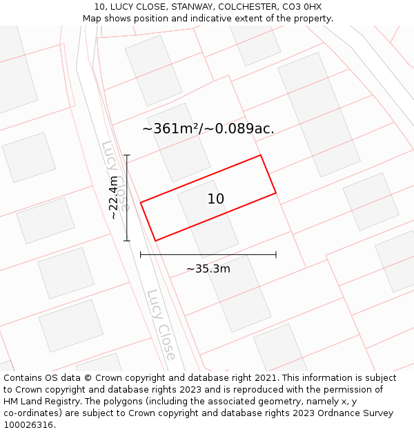 10, LUCY CLOSE, STANWAY, COLCHESTER, CO3 0HX: Plot and title map
