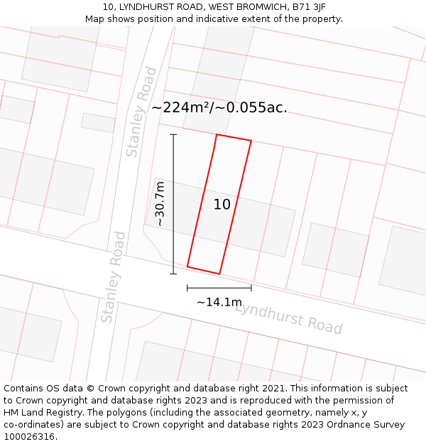 10, LYNDHURST ROAD, WEST BROMWICH, B71 3JF: Plot and title map