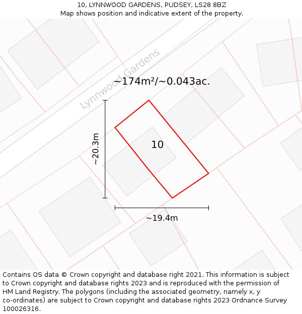 10, LYNNWOOD GARDENS, PUDSEY, LS28 8BZ: Plot and title map
