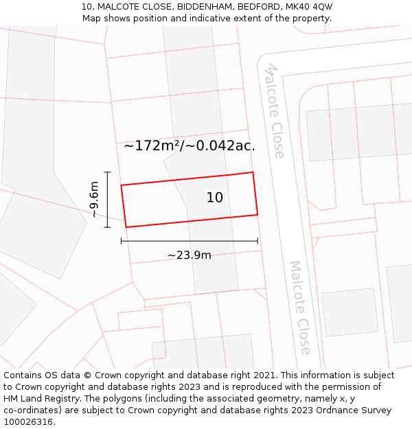 10, MALCOTE CLOSE, BIDDENHAM, BEDFORD, MK40 4QW: Plot and title map