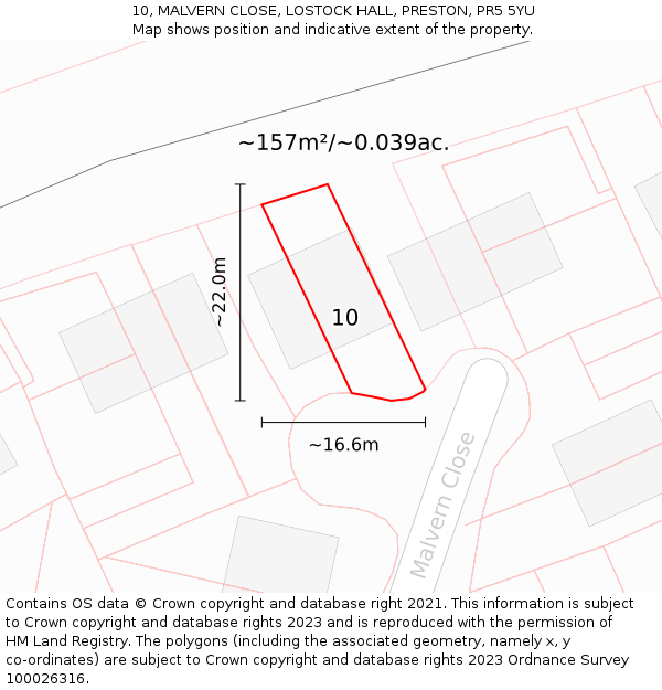 10, MALVERN CLOSE, LOSTOCK HALL, PRESTON, PR5 5YU: Plot and title map