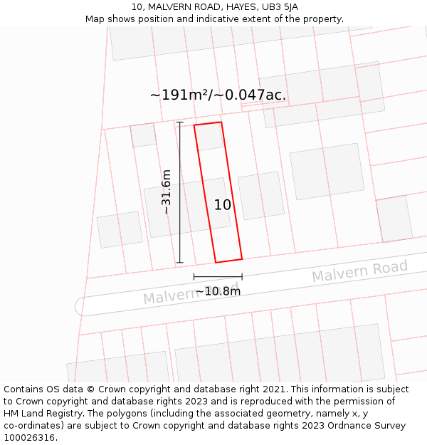 10, MALVERN ROAD, HAYES, UB3 5JA: Plot and title map
