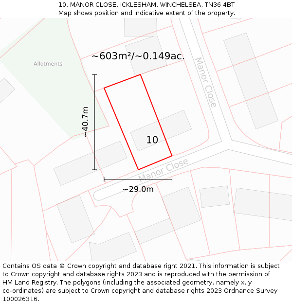 10, MANOR CLOSE, ICKLESHAM, WINCHELSEA, TN36 4BT: Plot and title map