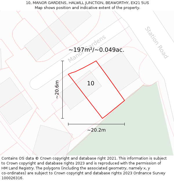 10, MANOR GARDENS, HALWILL JUNCTION, BEAWORTHY, EX21 5US: Plot and title map