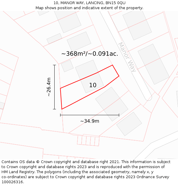 10, MANOR WAY, LANCING, BN15 0QU: Plot and title map