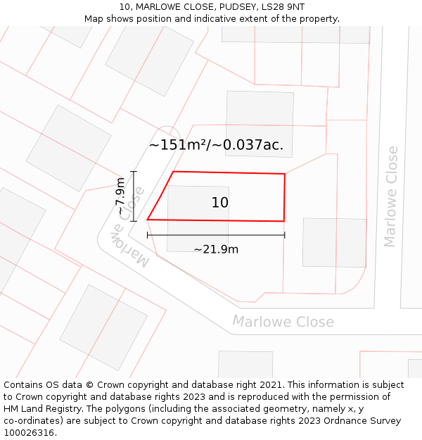 10, MARLOWE CLOSE, PUDSEY, LS28 9NT: Plot and title map