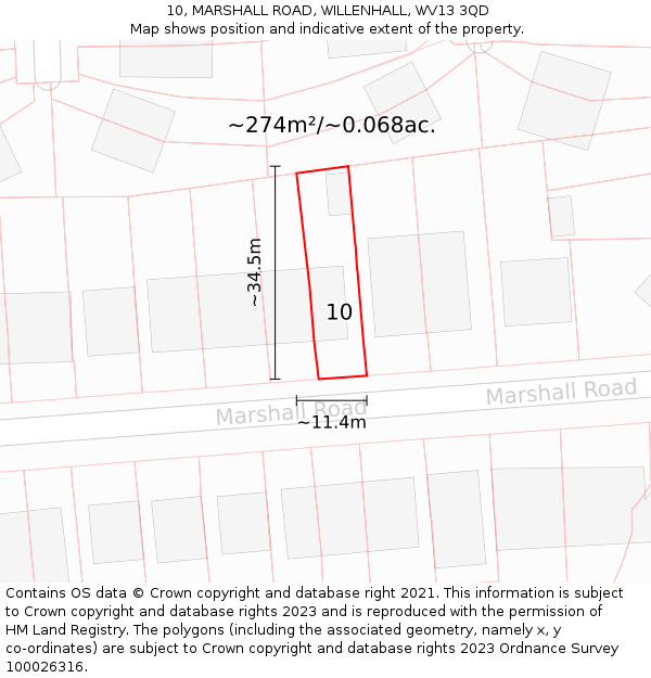 10, MARSHALL ROAD, WILLENHALL, WV13 3QD: Plot and title map