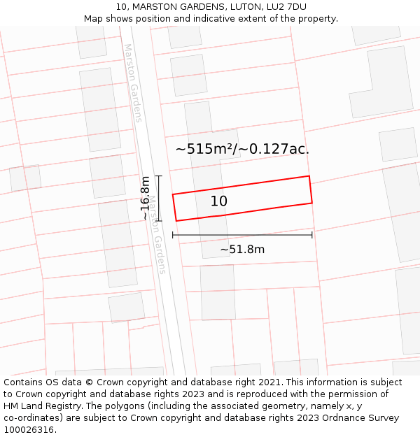 10, MARSTON GARDENS, LUTON, LU2 7DU: Plot and title map