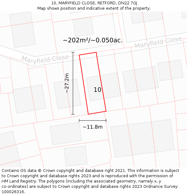 10, MARYFIELD CLOSE, RETFORD, DN22 7GJ: Plot and title map