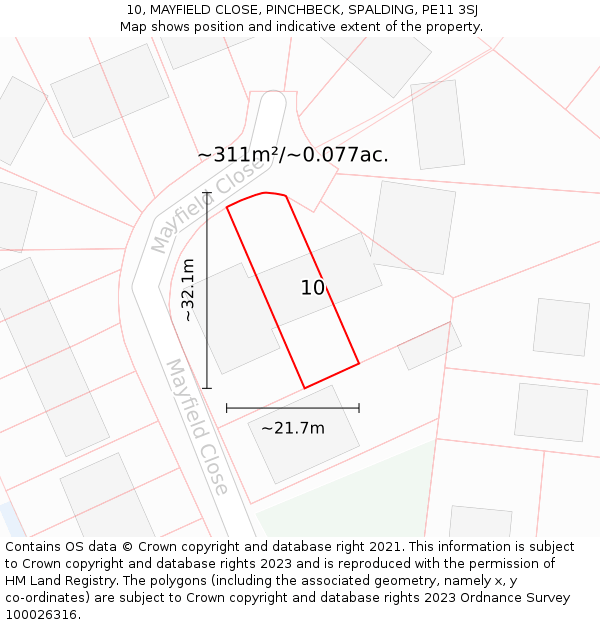 10, MAYFIELD CLOSE, PINCHBECK, SPALDING, PE11 3SJ: Plot and title map