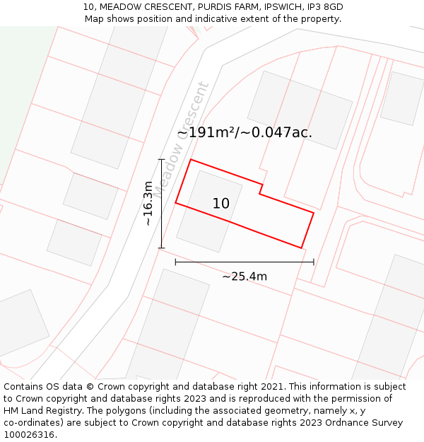 10, MEADOW CRESCENT, PURDIS FARM, IPSWICH, IP3 8GD: Plot and title map