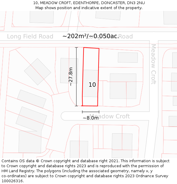 10, MEADOW CROFT, EDENTHORPE, DONCASTER, DN3 2NU: Plot and title map