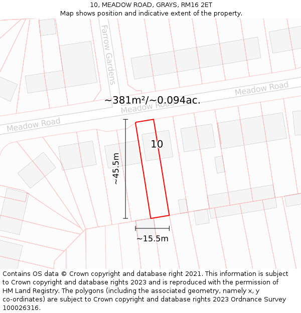 10, MEADOW ROAD, GRAYS, RM16 2ET: Plot and title map