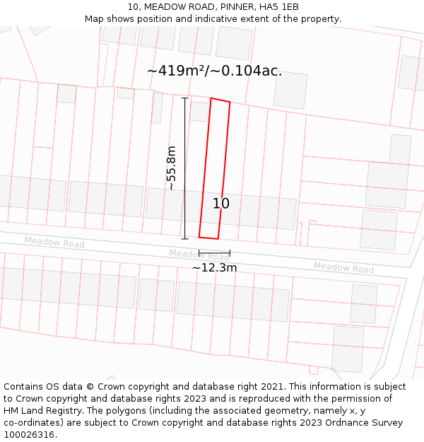 10, MEADOW ROAD, PINNER, HA5 1EB: Plot and title map