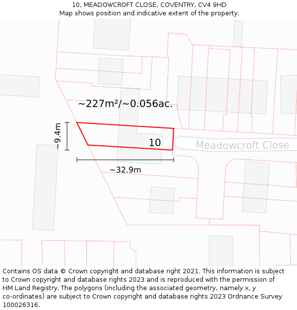 10, MEADOWCROFT CLOSE, COVENTRY, CV4 9HD: Plot and title map