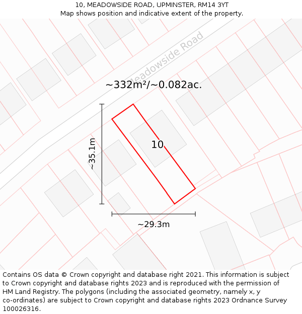 10, MEADOWSIDE ROAD, UPMINSTER, RM14 3YT: Plot and title map