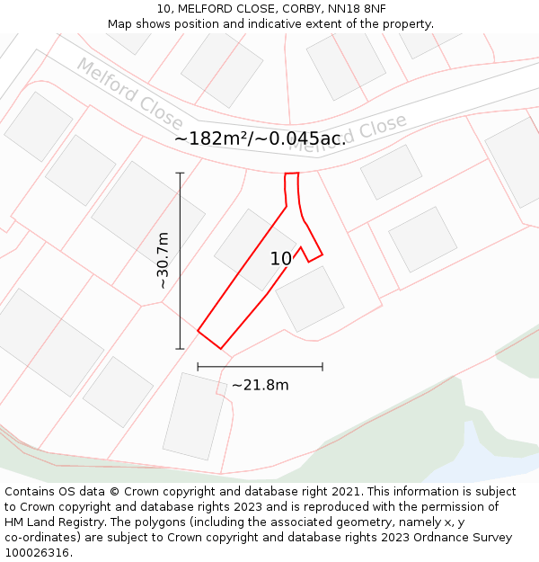 10, MELFORD CLOSE, CORBY, NN18 8NF: Plot and title map