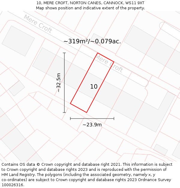 10, MERE CROFT, NORTON CANES, CANNOCK, WS11 9XT: Plot and title map