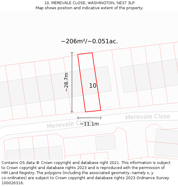 10, MEREVALE CLOSE, WASHINGTON, NE37 3LP: Plot and title map