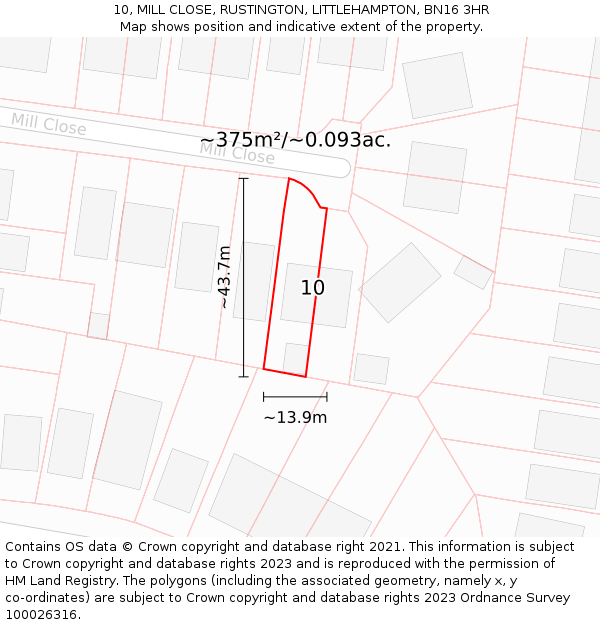10, MILL CLOSE, RUSTINGTON, LITTLEHAMPTON, BN16 3HR: Plot and title map