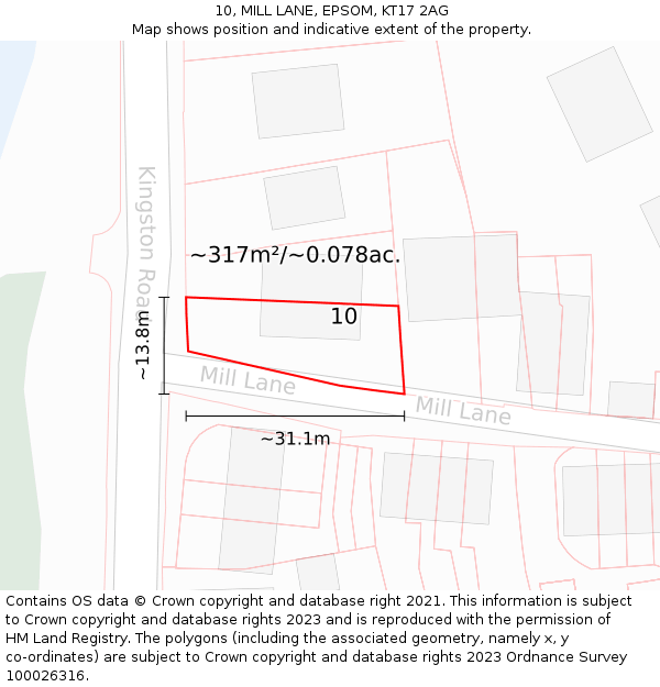 10, MILL LANE, EPSOM, KT17 2AG: Plot and title map