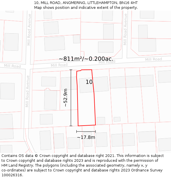 10, MILL ROAD, ANGMERING, LITTLEHAMPTON, BN16 4HT: Plot and title map