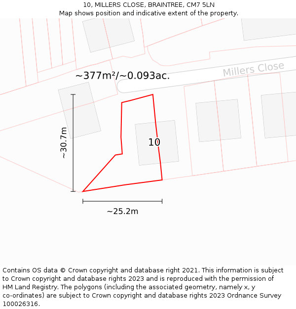 10, MILLERS CLOSE, BRAINTREE, CM7 5LN: Plot and title map