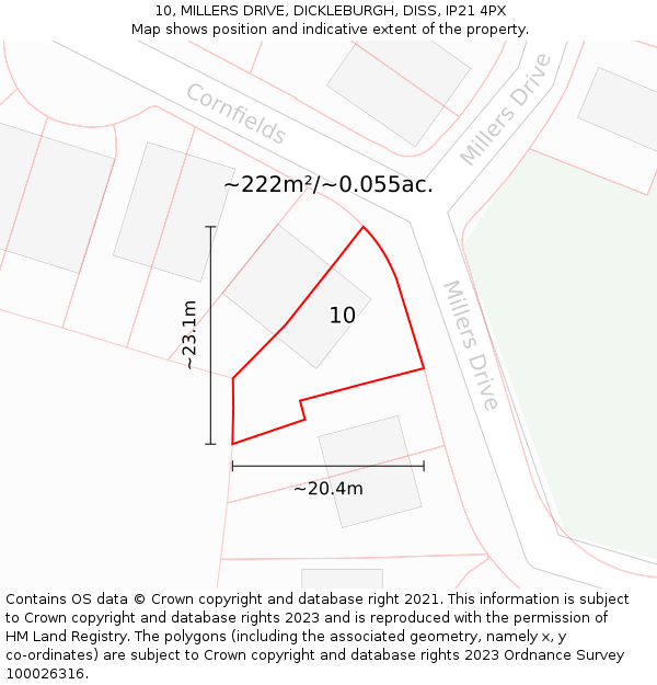 10, MILLERS DRIVE, DICKLEBURGH, DISS, IP21 4PX: Plot and title map