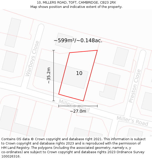 10, MILLERS ROAD, TOFT, CAMBRIDGE, CB23 2RX: Plot and title map