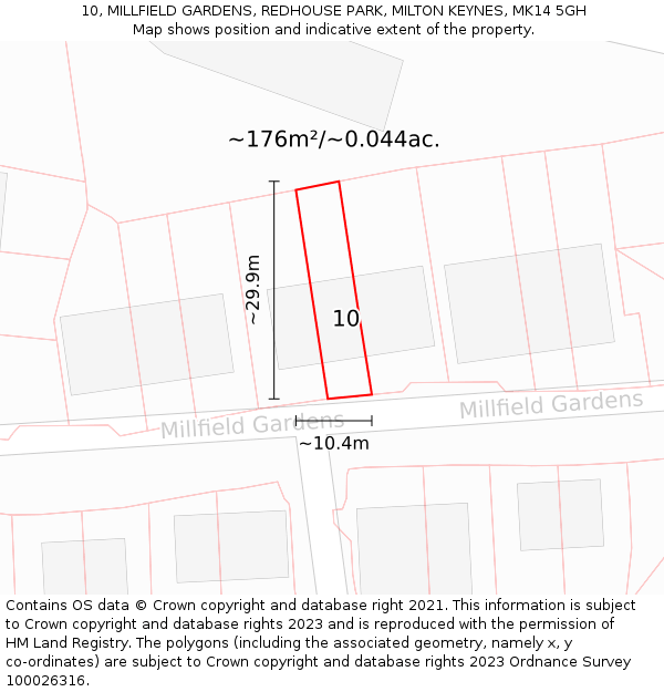 10, MILLFIELD GARDENS, REDHOUSE PARK, MILTON KEYNES, MK14 5GH: Plot and title map