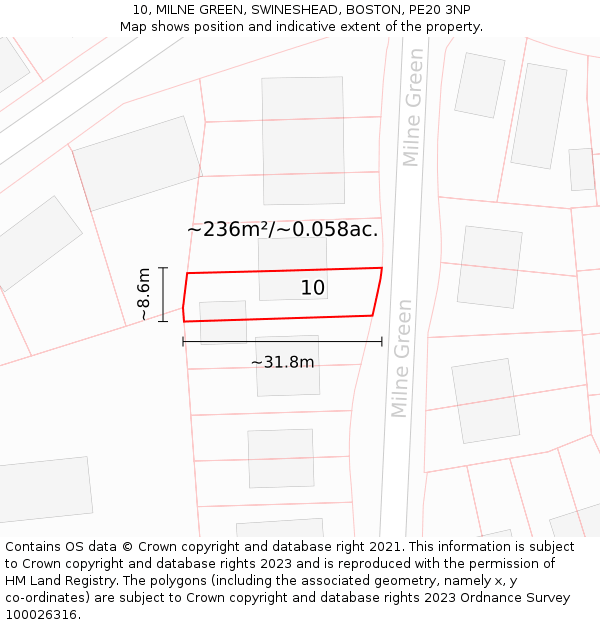 10, MILNE GREEN, SWINESHEAD, BOSTON, PE20 3NP: Plot and title map