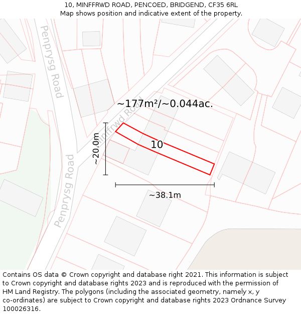 10, MINFFRWD ROAD, PENCOED, BRIDGEND, CF35 6RL: Plot and title map
