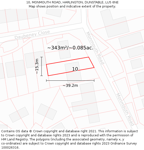 10, MONMOUTH ROAD, HARLINGTON, DUNSTABLE, LU5 6NE: Plot and title map