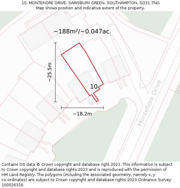 10, MONTEFIORE DRIVE, SARISBURY GREEN, SOUTHAMPTON, SO31 7NG: Plot and title map