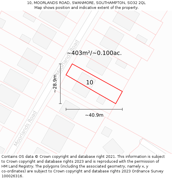 10, MOORLANDS ROAD, SWANMORE, SOUTHAMPTON, SO32 2QL: Plot and title map