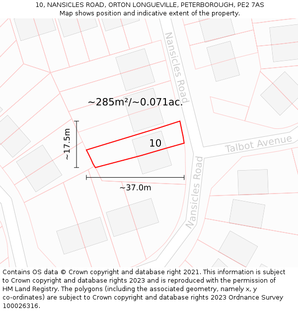 10, NANSICLES ROAD, ORTON LONGUEVILLE, PETERBOROUGH, PE2 7AS: Plot and title map
