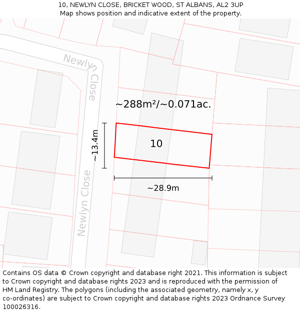 10, NEWLYN CLOSE, BRICKET WOOD, ST ALBANS, AL2 3UP: Plot and title map