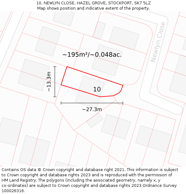 10, NEWLYN CLOSE, HAZEL GROVE, STOCKPORT, SK7 5LZ: Plot and title map