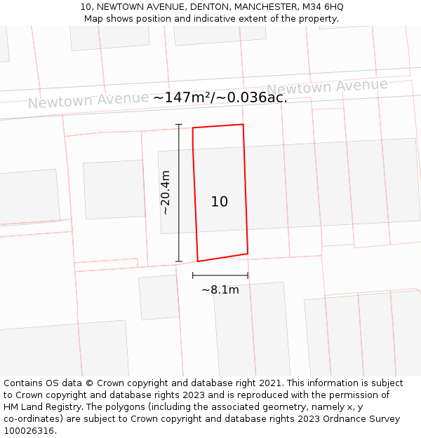 10, NEWTOWN AVENUE, DENTON, MANCHESTER, M34 6HQ: Plot and title map