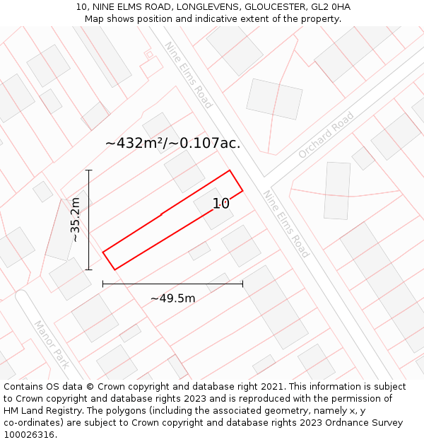 10, NINE ELMS ROAD, LONGLEVENS, GLOUCESTER, GL2 0HA: Plot and title map